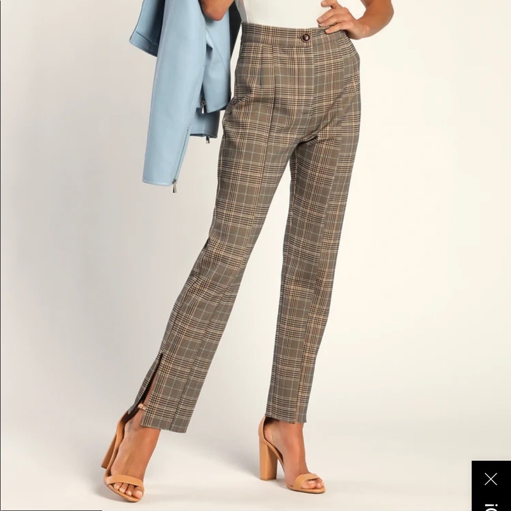 Beige and Blue Plaid Straight Leg Trouser Pants